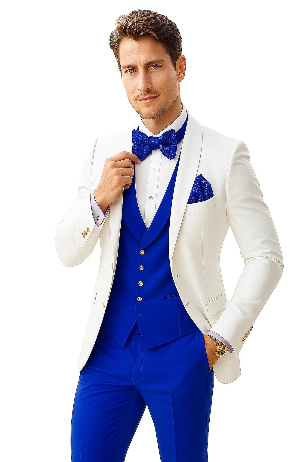 White and Royal Blue Tuxedo Wedding Suit - White Dinner Jacket + Vest + Pants + Bow-tie