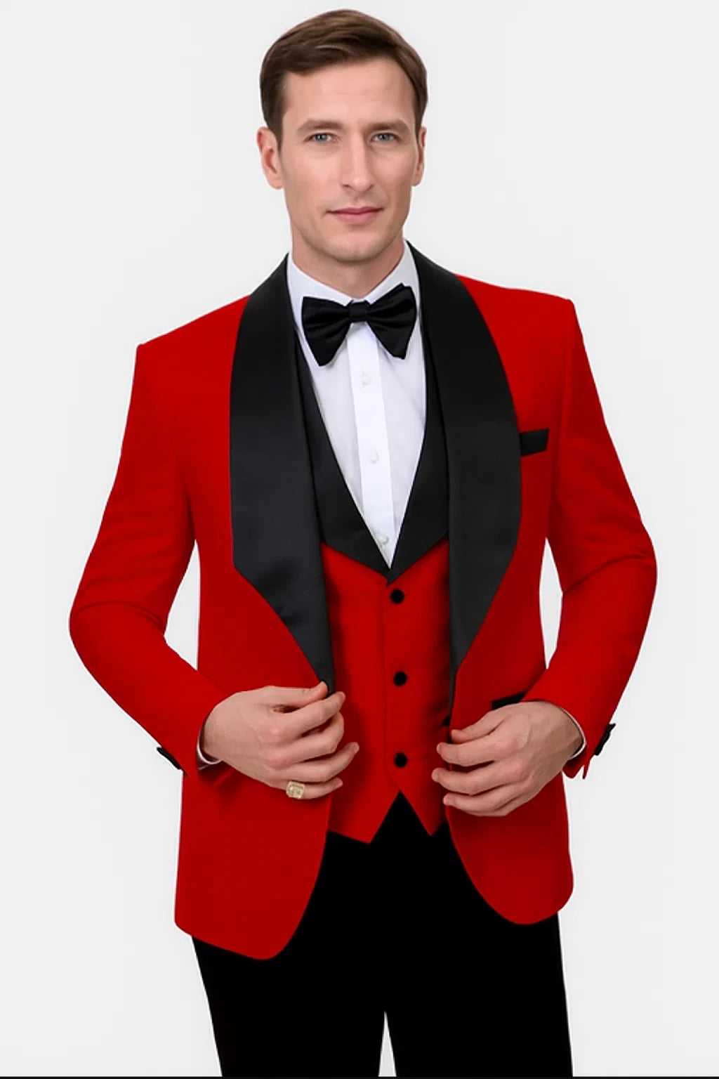 Red  Prom Tuxedo Suit - Red Wedding Suit - Mens Vested Square Shawl Paisley Prom & Wedding Tuxedo In Red