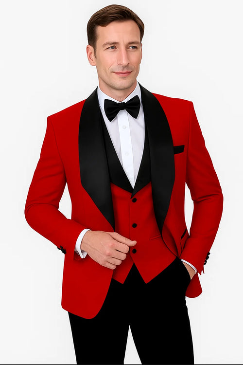 Red  Prom Tuxedo Suit - Red Wedding Suit - Mens Vested Square Shawl Paisley Prom & Wedding Tuxedo In Red