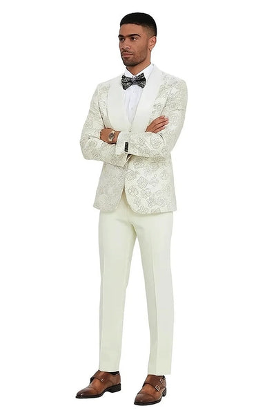 2024 Ivory Shiny Floral Mens 3pc Suit by Tazzio