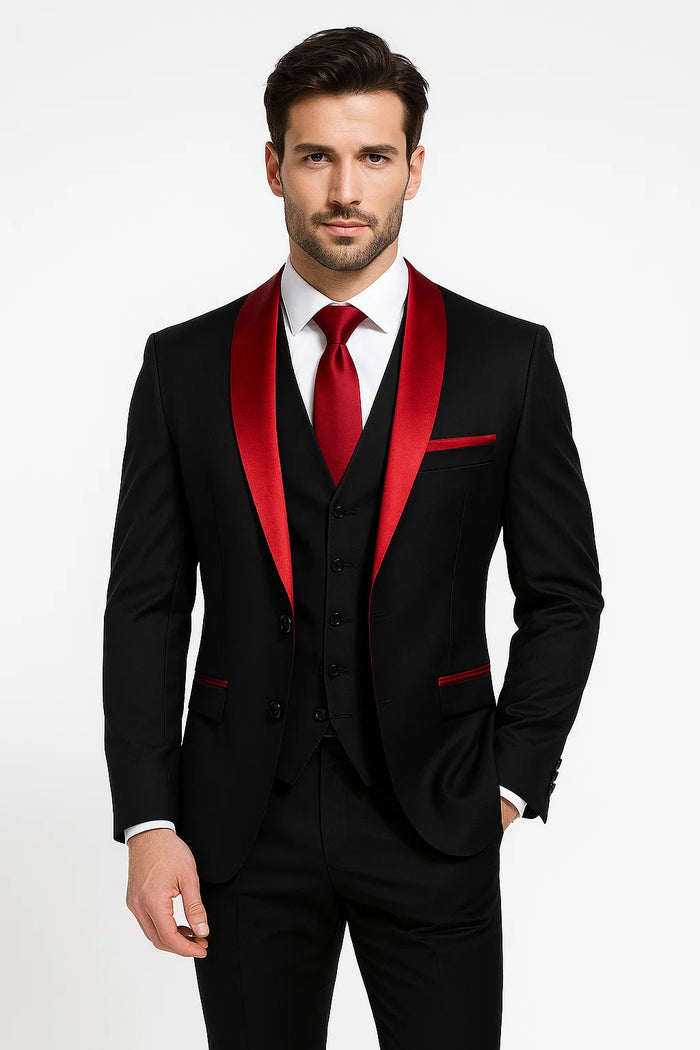 Black and Red Prom Tuxedo – Jacket + Pants + Vest Set