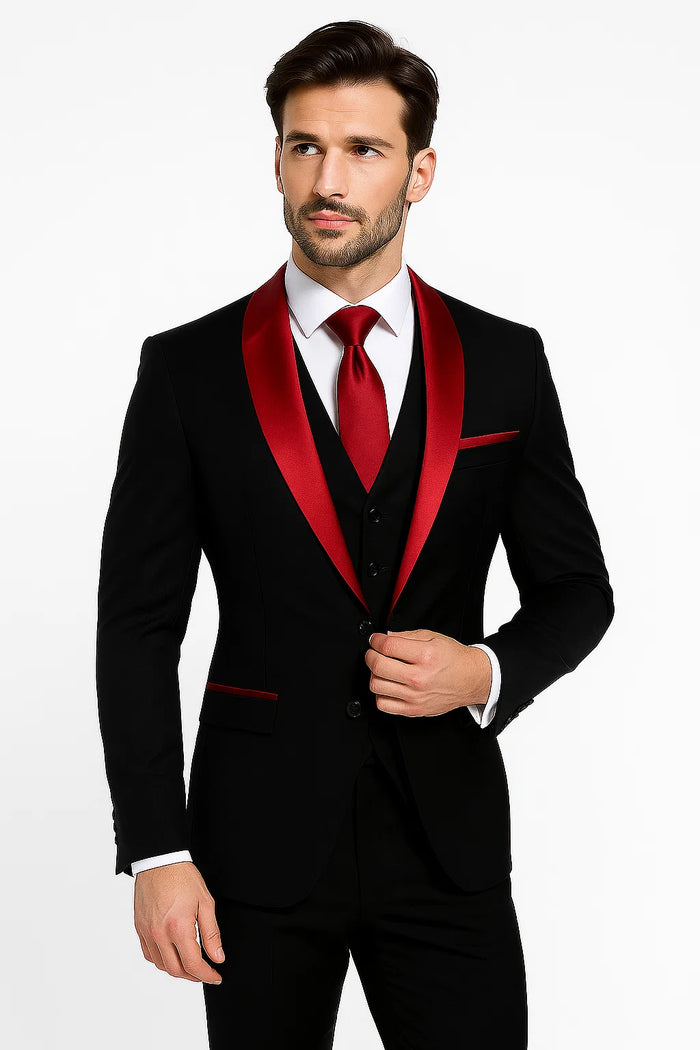 Black and Red Prom Tuxedo – Jacket + Pants + Vest Set