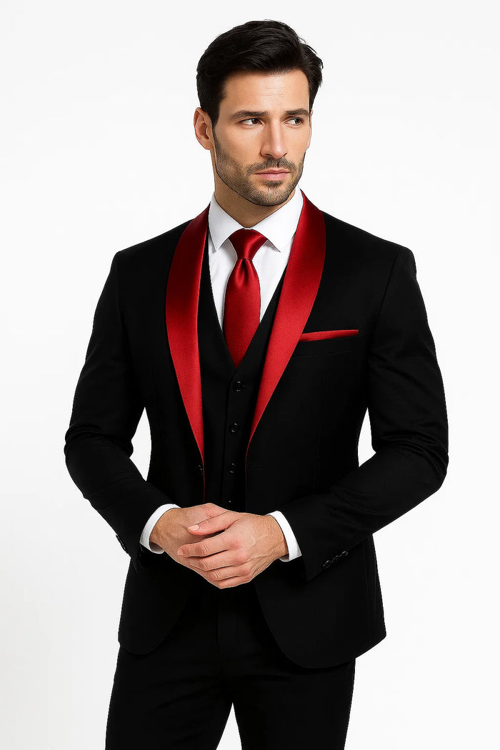 Black and Red Prom Tuxedo – Jacket + Pants + Vest Set