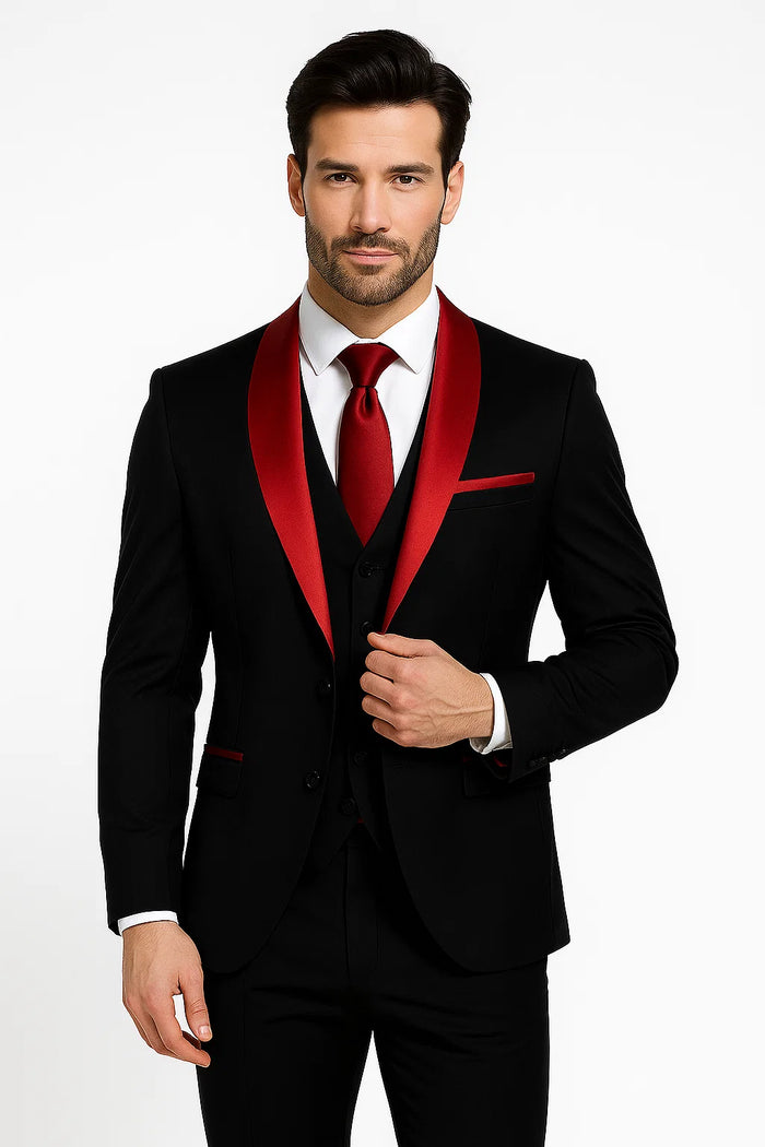 Black and Red Prom Tuxedo – Jacket + Pants + Vest Set