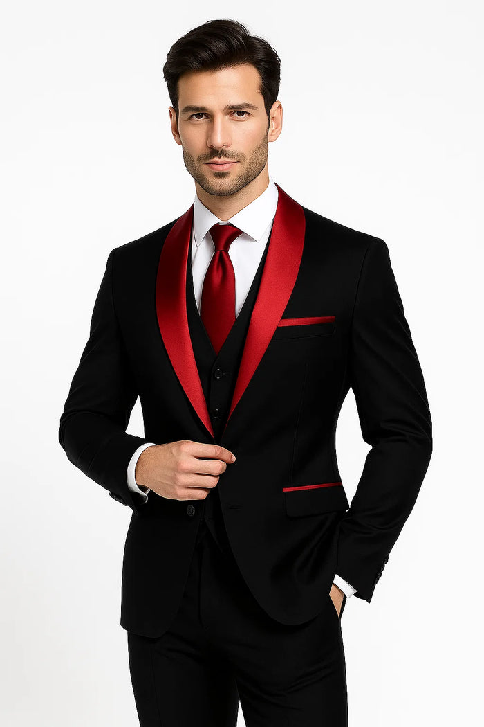 Black and Red Prom Tuxedo – Jacket + Pants + Vest Set