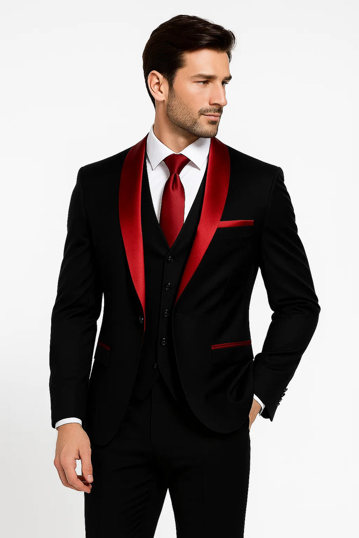 Black and Red Prom Tuxedo – Jacket + Pants + Vest Set