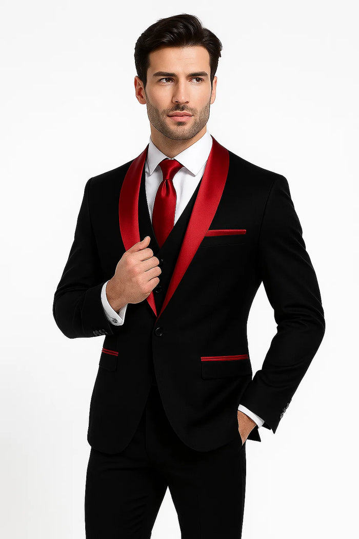 Black and Red Prom Tuxedo – Jacket + Pants + Vest Set
