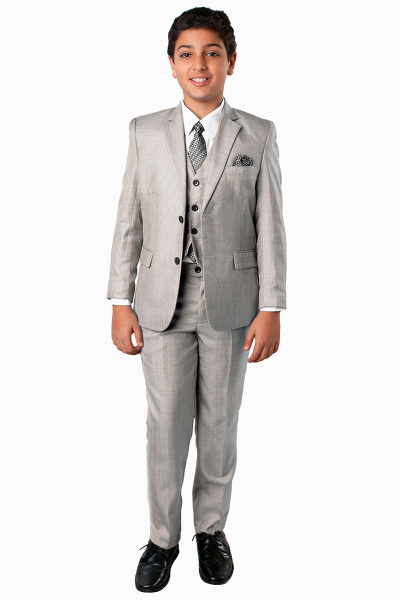 Benjamin Kids Textured Light Grey 5-Piece Suit by Tazzio