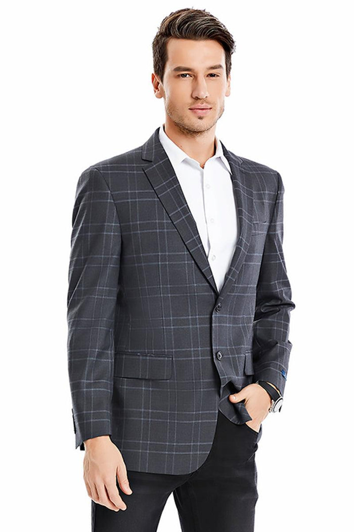 Tazio Men's Charcoal Grey Plaid Two-Button Blazer - Regular Fit, Double Windowpane - Elegant Mensattire