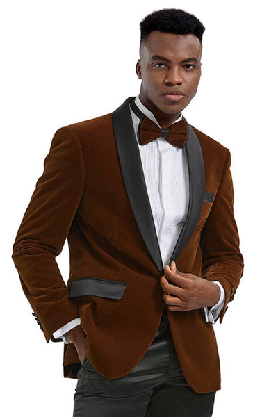 Tazio Men's Slim-Fit Velvet Prom Tux Jacket in Camel Bronze - Elegant Mensattire