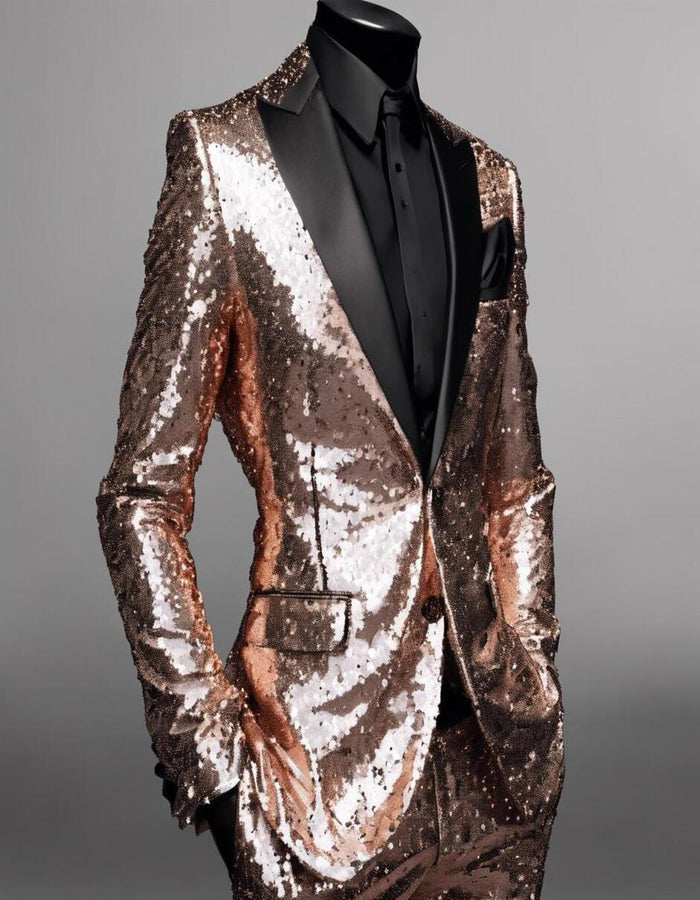 Men's Rose Gold Sequin Tuxedo Suit with Black Satin Lapel - Luxury Slim Fit Blazer for Parties and Events by USA Men's Outlet