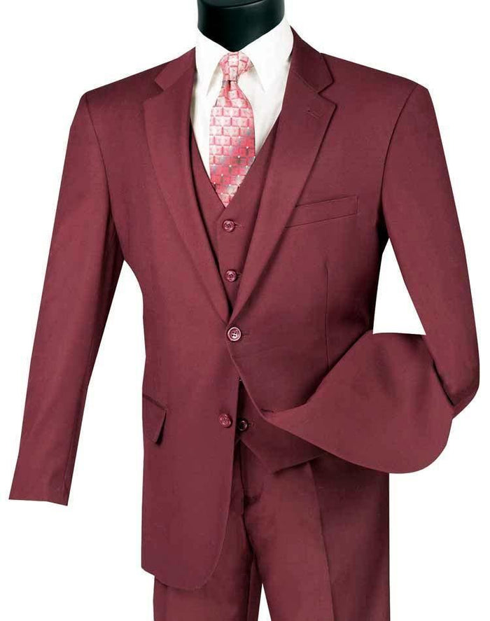 Three Piece Classic Fit Vested Suit Color Maroon by Vinci