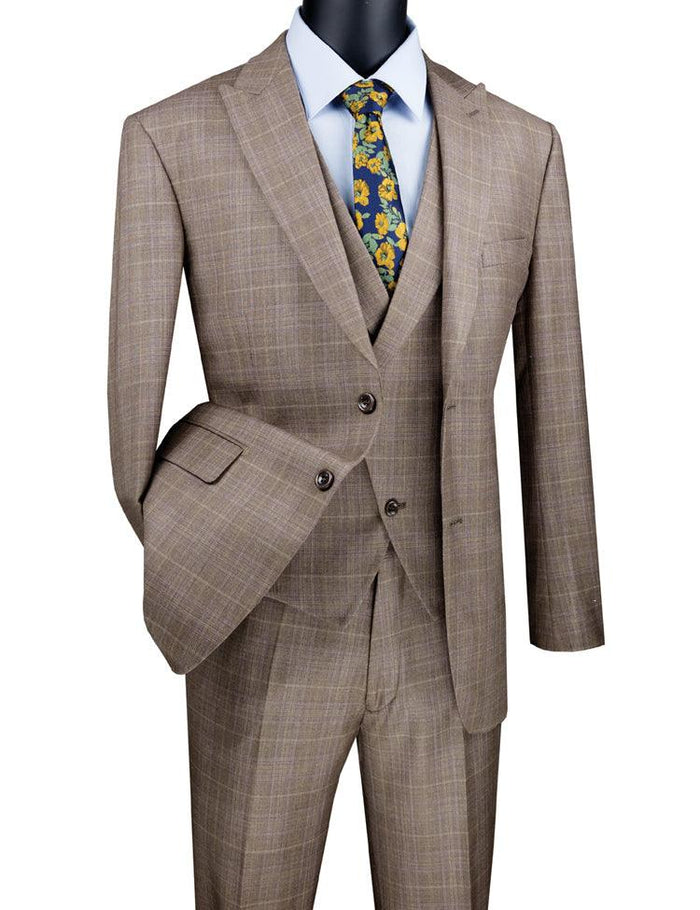 Three Piece Glen Plaid Tan Suit by Vinci