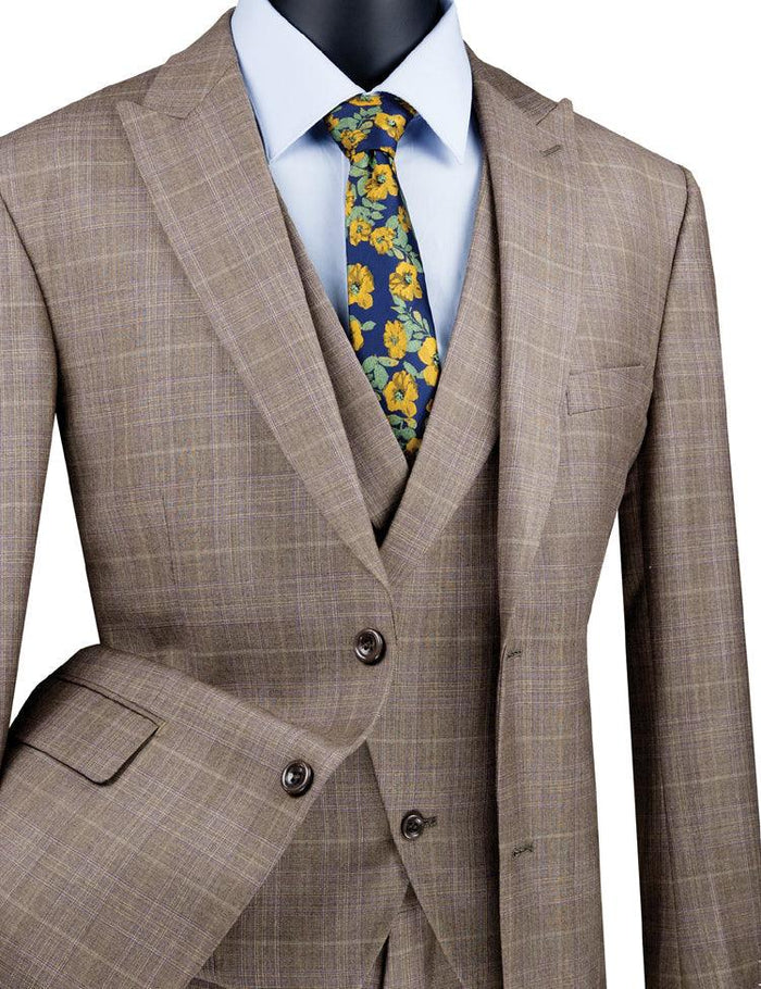 Three Piece Glen Plaid Tan Suit by Vinci