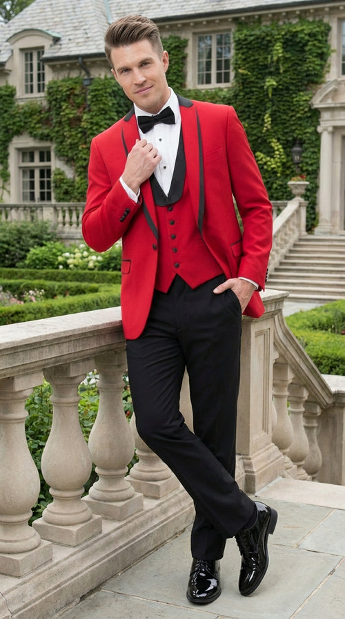 Mens Red and Black Tuxedo – Three Piece Formal Suit with Satin Shawl Lapel for Wedding and Prom