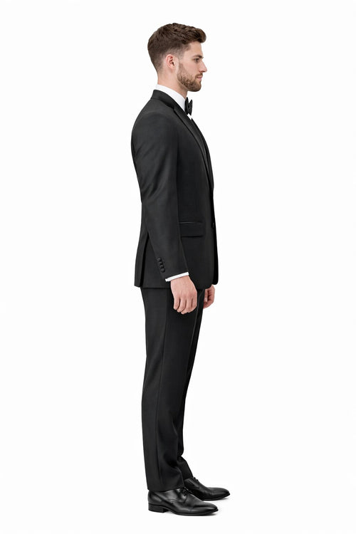 Mens Tiglio Modern Fit Black Wool Tuxedo – Classic Satin Lapel Formal Suit