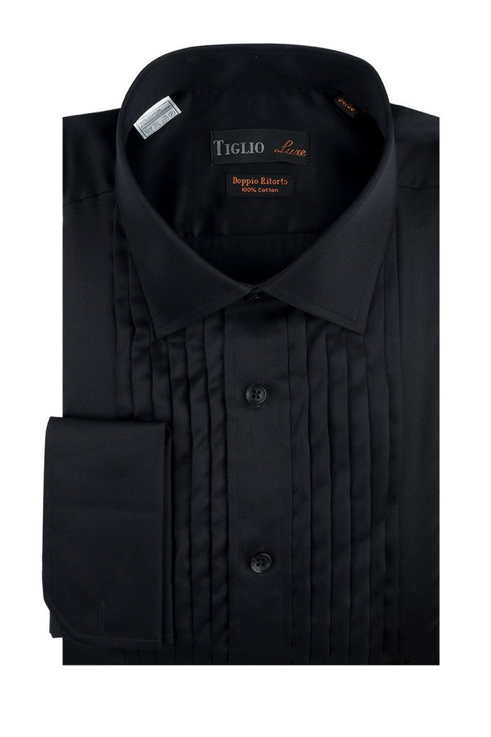 Romano Black Pleated Laydown Tuxedo Shirt by Tiglio