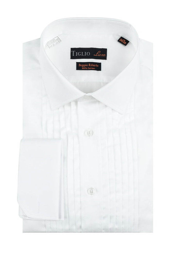 Romano White Pleated Laydown Tuxedo Shirt by Tiglio