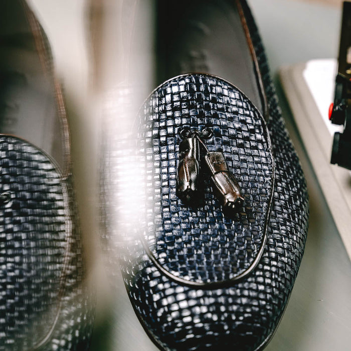 Zelli Tino Woven Calfskin Tassel Loafers | Italian Slip-On Shoes in Blue