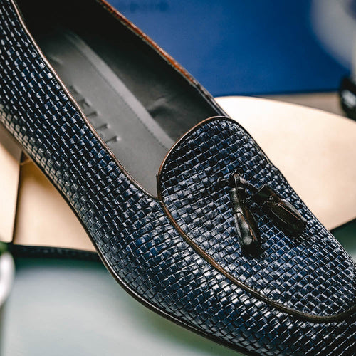 Zelli Tino Woven Calfskin Tassel Loafers | Italian Slip-On Shoes in Blue