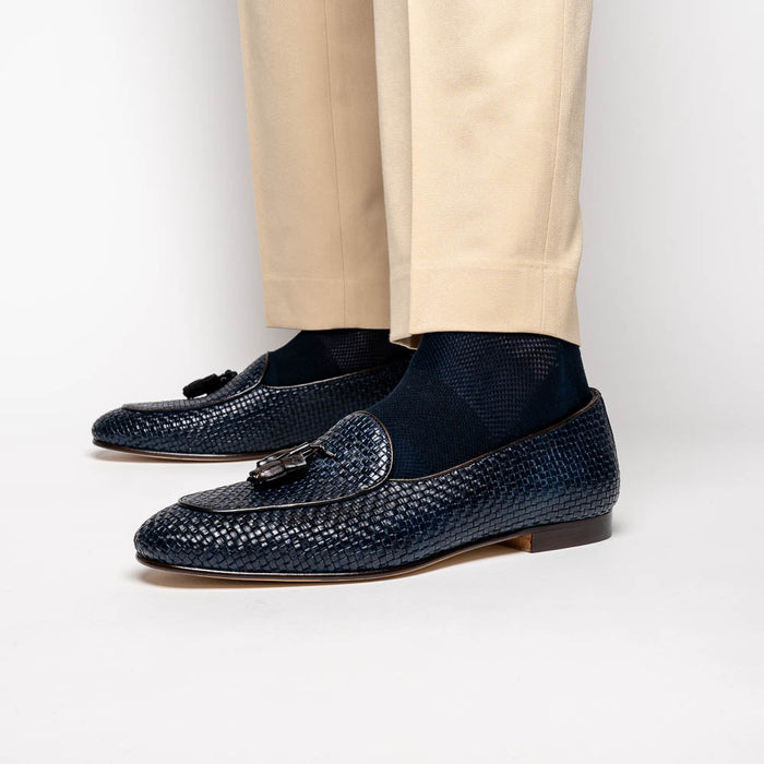 Zelli Tino Woven Calfskin Tassel Loafers | Italian Slip-On Shoes in Blue