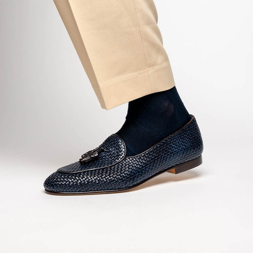 Zelli Tino Woven Calfskin Tassel Loafers | Italian Slip-On Shoes in Blue