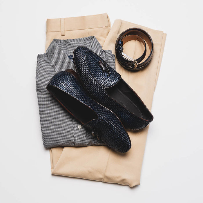 Zelli Tino Woven Calfskin Tassel Loafers | Italian Slip-On Shoes in Blue
