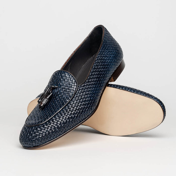 Zelli Tino Woven Calfskin Tassel Loafers | Italian Slip-On Shoes in Blue