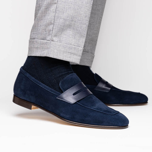 Zelli Tippa Suede and Calfskin Slip-On Penny Loafers in Navy