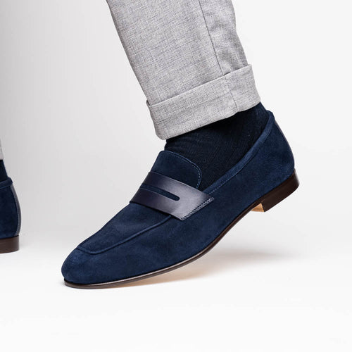 Zelli Tippa Suede and Calfskin Slip-On Penny Loafers in Navy