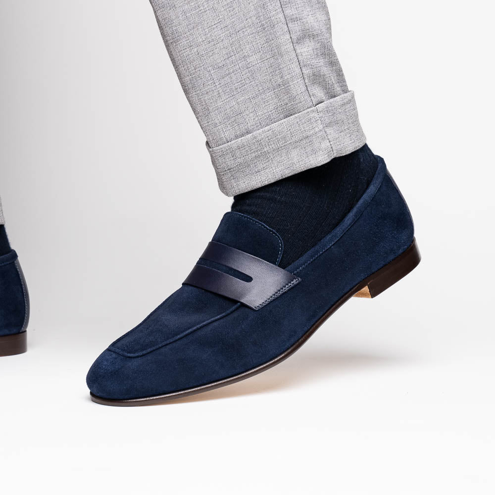 Zelli Tippa Suede and Calfskin Slip-On Penny Loafers in Navy