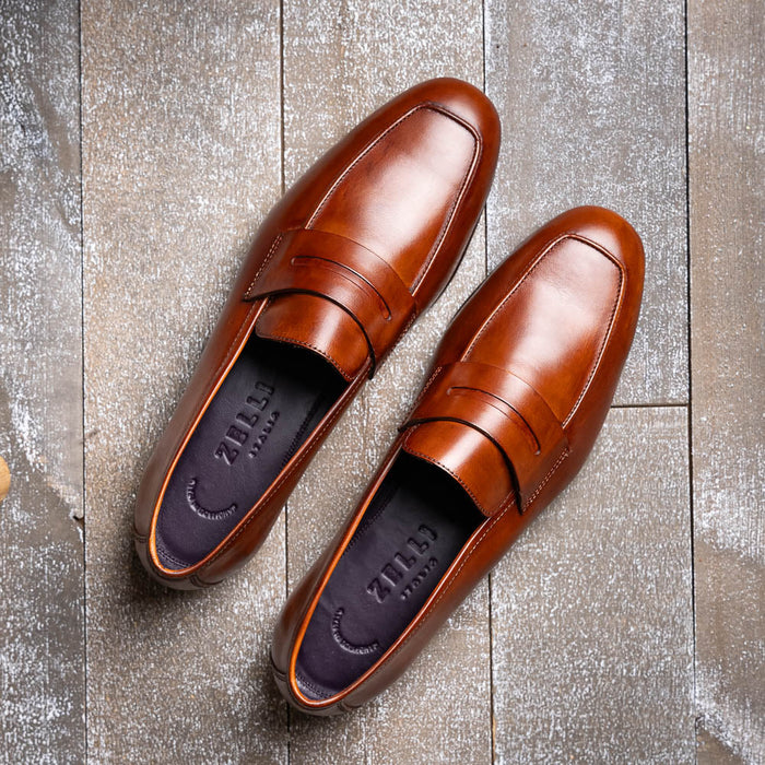 Zelli Tippa Italian Calfskin Penny Loafers, a Classic Cognac Slip-On