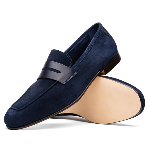 Zelli Tippa Suede and Calfskin Slip-On Penny Loafers in Navy