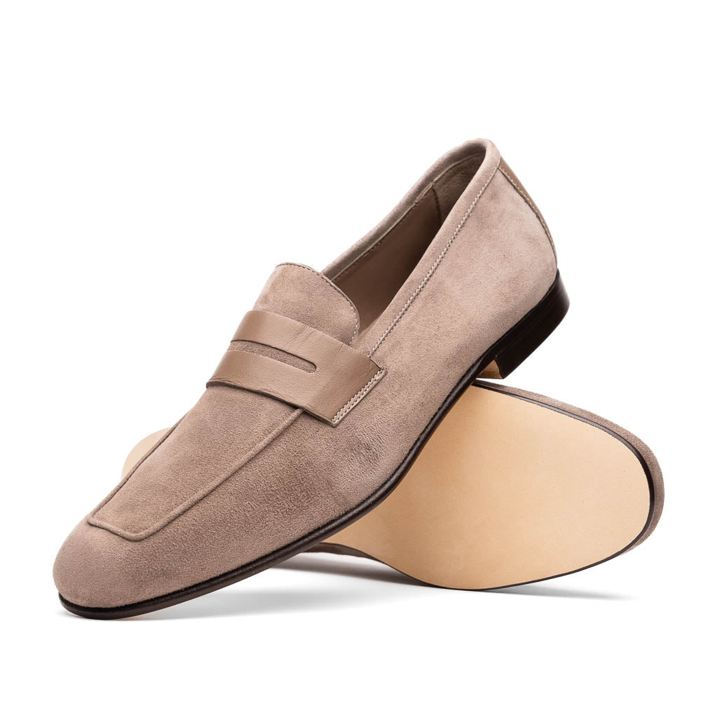 Zelli Tippa Suede and Calfskin Combination Penny Loafers in Taupe