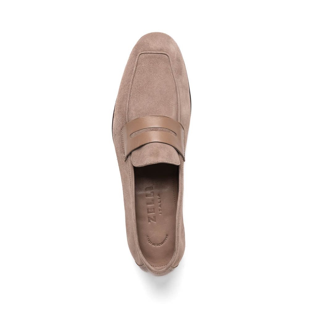 Zelli Tippa Suede and Calfskin Combination Penny Loafers in Taupe