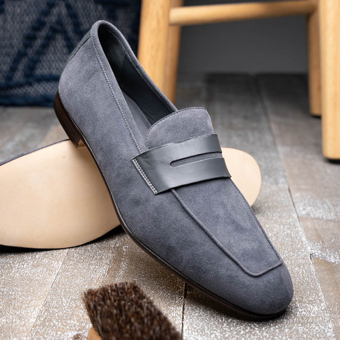 Zelli Tippa Suede and Calfskin Penny Loafers in Grey