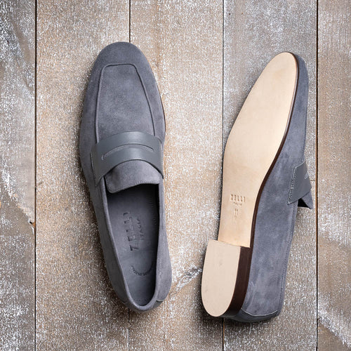 Zelli Tippa Suede and Calfskin Penny Loafers in Grey