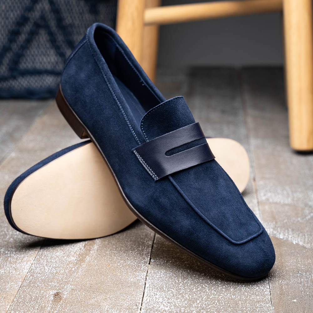 Zelli Tippa Suede and Calfskin Slip-On Penny Loafers in Navy