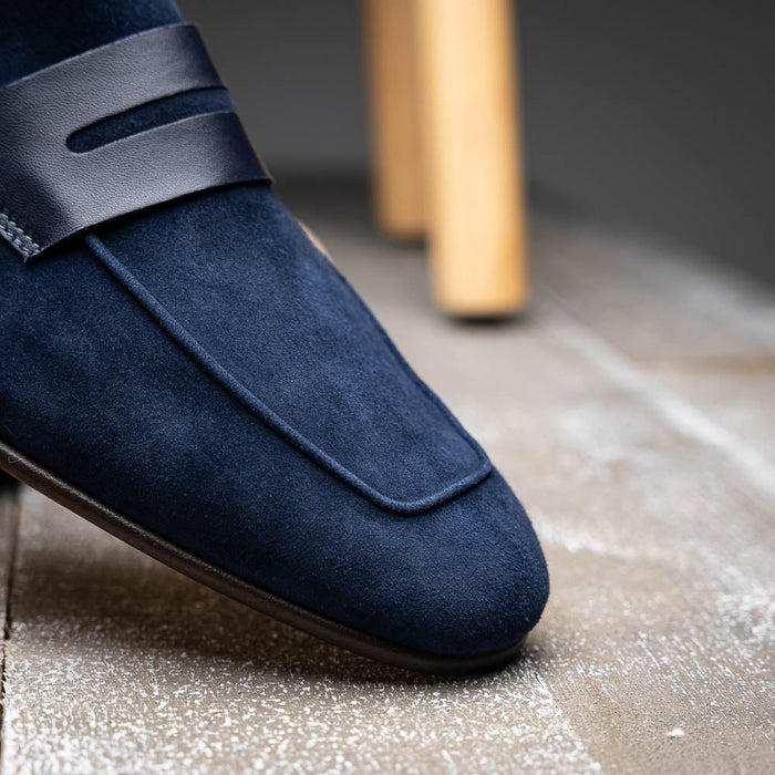 Zelli Tippa Suede and Calfskin Slip-On Penny Loafers in Navy