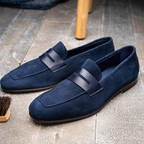 Zelli Tippa Suede and Calfskin Slip-On Penny Loafers in Navy