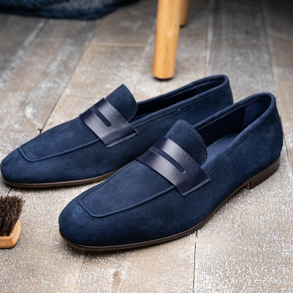 Zelli Tippa Suede and Calfskin Slip-On Penny Loafers in Navy