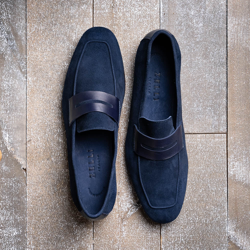 Zelli Tippa Suede and Calfskin Slip-On Penny Loafers in Navy