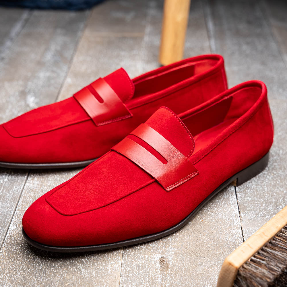 Zelli Tippa Suede and Calfskin Slip-On Penny Loafers in Red