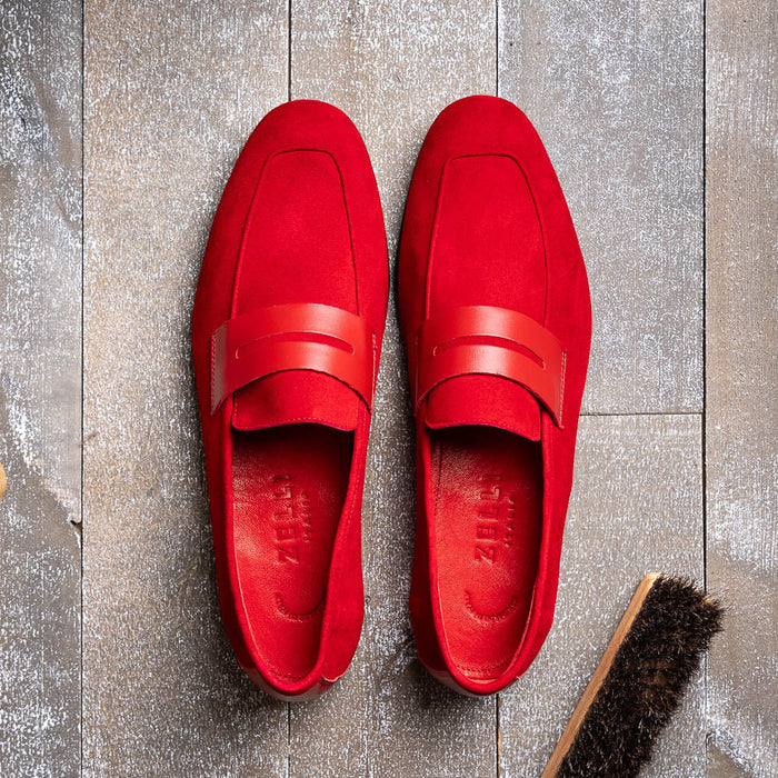 Zelli Tippa Suede and Calfskin Slip-On Penny Loafers in Red