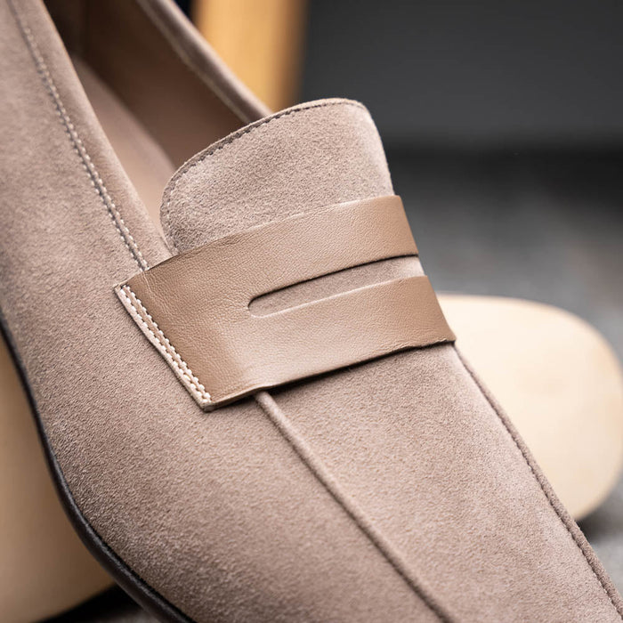 Zelli Tippa Suede and Calfskin Combination Penny Loafers in Taupe