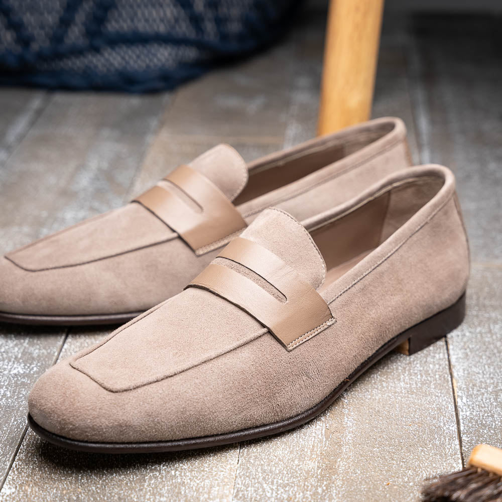 Zelli Tippa Suede and Calfskin Combination Penny Loafers in Taupe