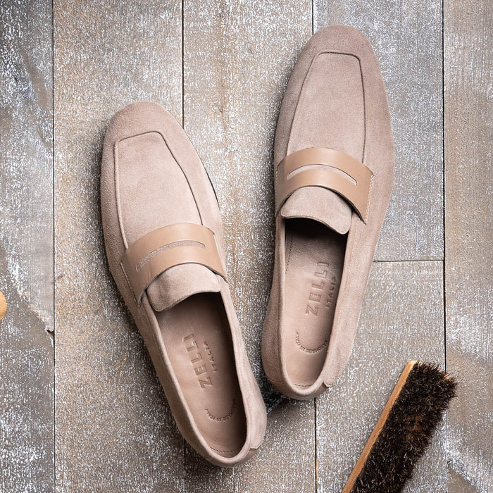 Zelli Tippa Suede and Calfskin Combination Penny Loafers in Taupe
