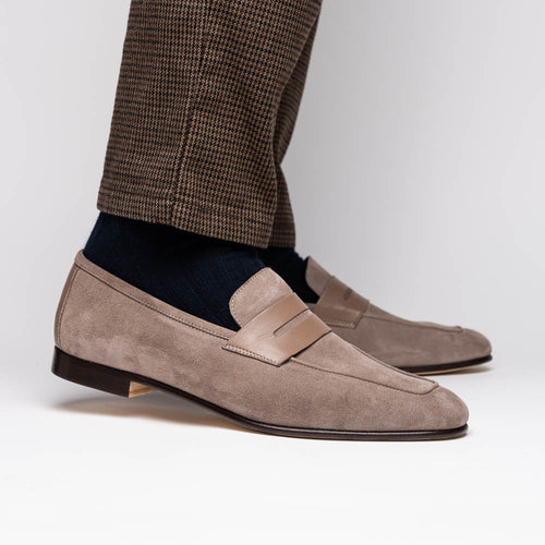 Zelli Tippa Suede and Calfskin Combination Penny Loafers in Taupe