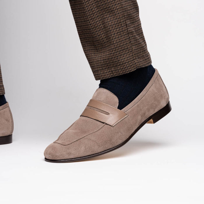 Zelli Tippa Suede and Calfskin Combination Penny Loafers in Taupe