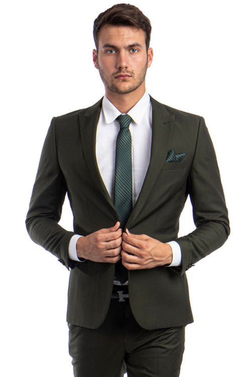 Men's Slim Fit Dark Olive Green Suit by Tazio Suits